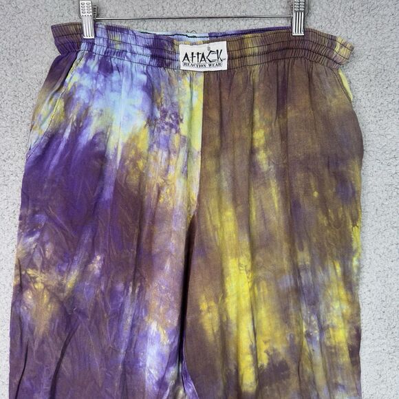 Vintage Attack Reaction Wear Tie Dye Pants L Purple Yellow Rayon Boho Grunge USA - Picture 2 of 13